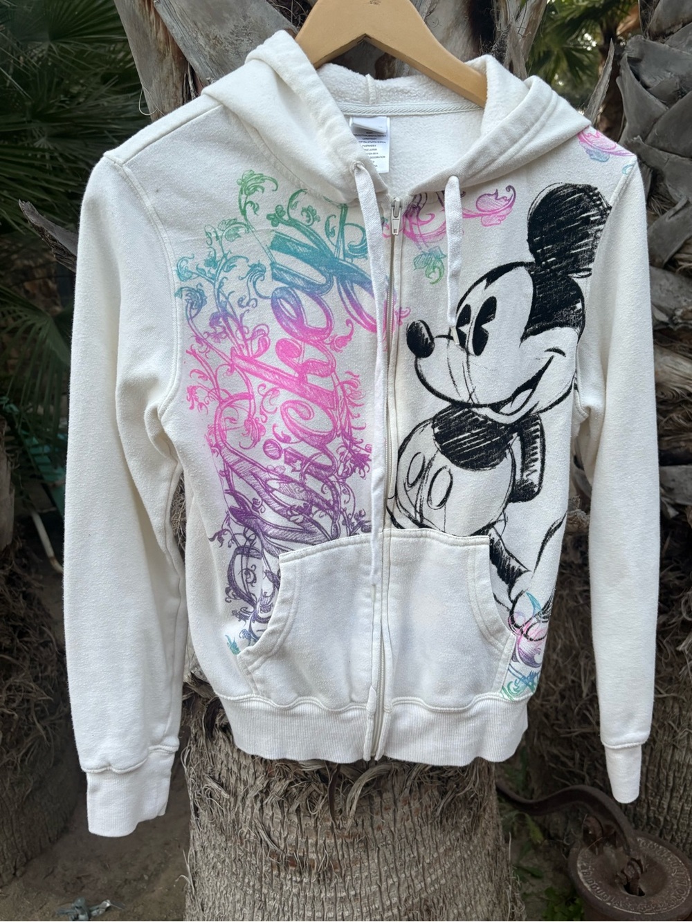 Disney Cream Hoodie with Black Mickey Graphic and Pastel Accents